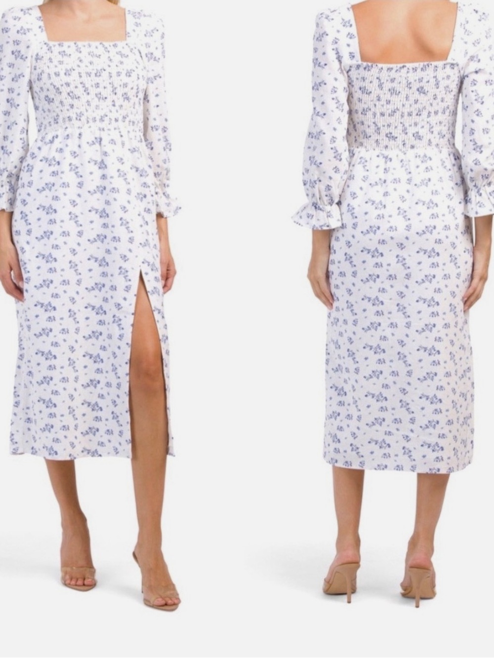 HOUSE OF HARLOW Women’s Floral Smocked Linen Blend Midi Dress White/Blue Size M